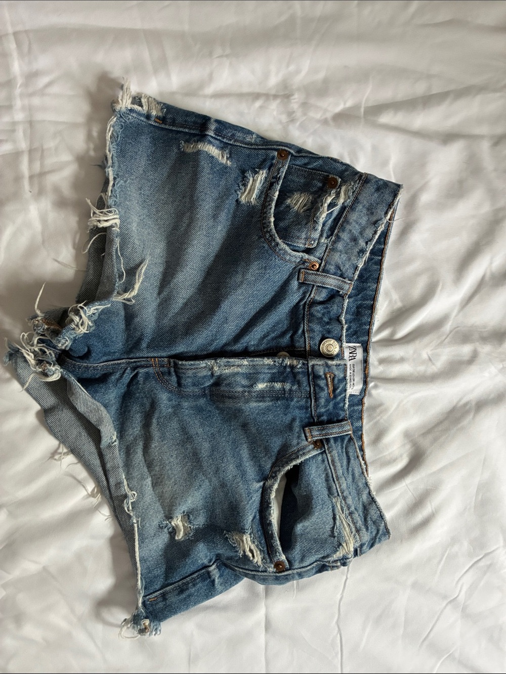 Zara Light Blue Distressed Denim Shorts